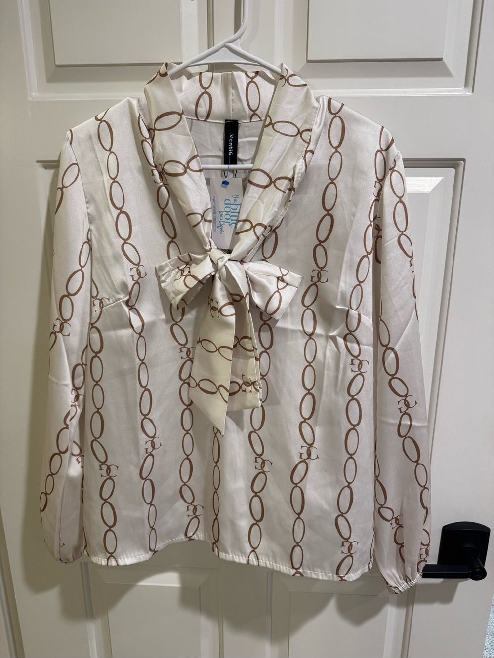 Winston White & Brown Chain-Print Tie-Neck Blouse